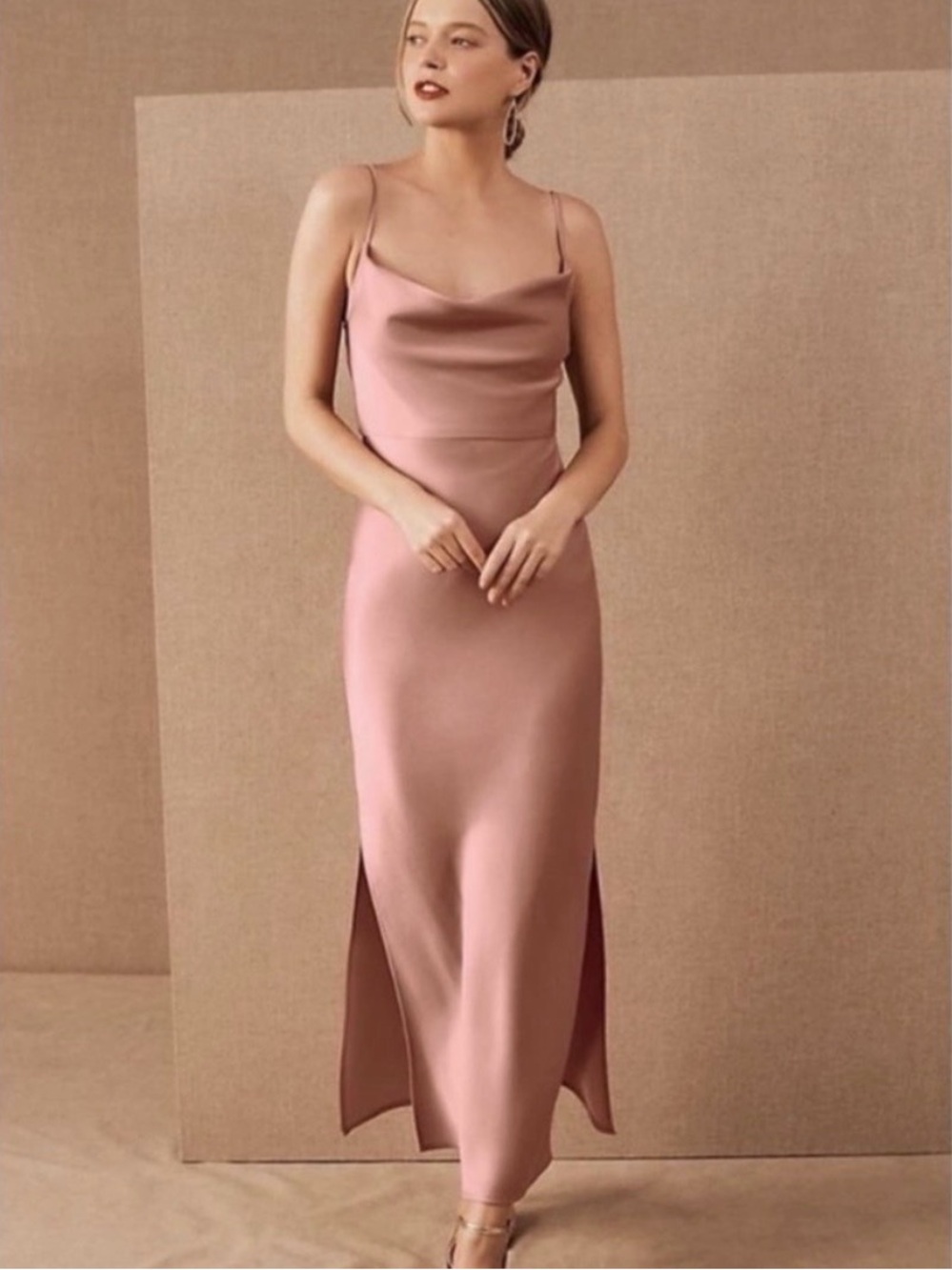 Anthropologie BHLDN Cali Satin Charmeuse Blush Pink Cowl Neck Dress